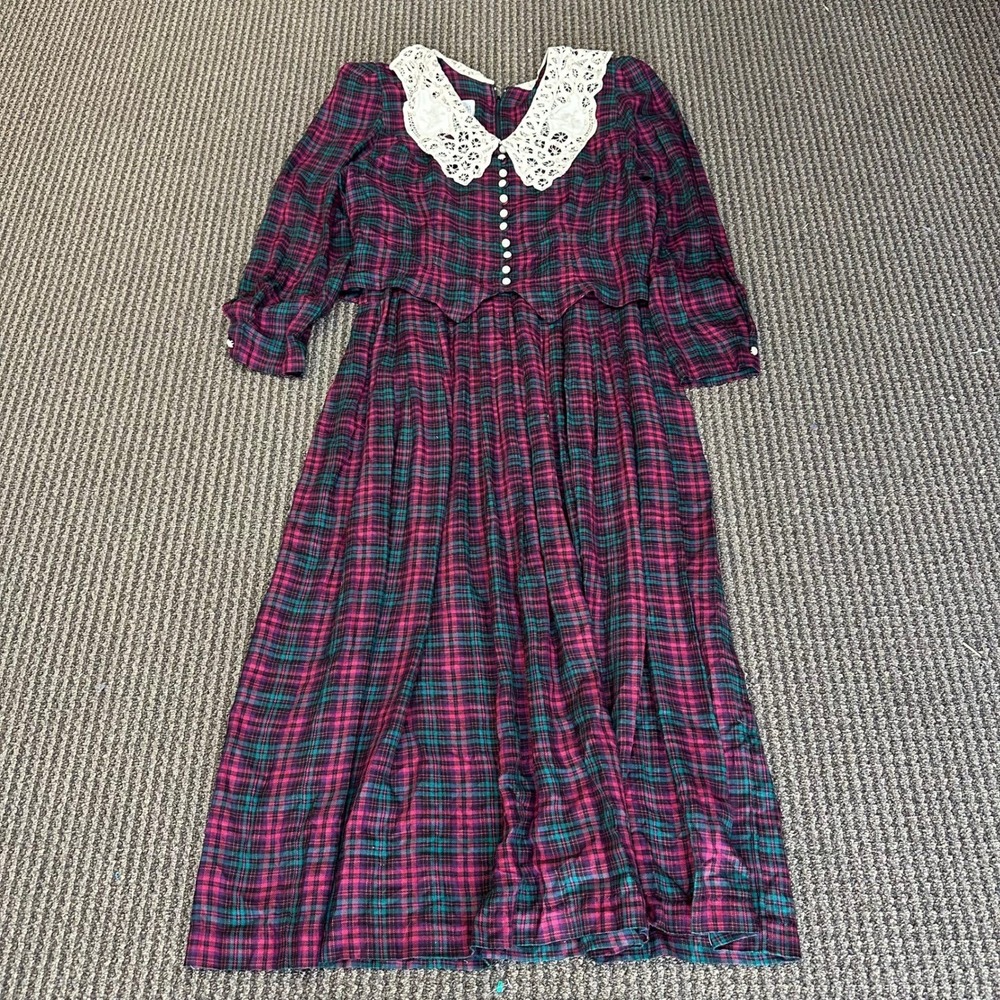 Plaza South Dress Womens Size 12 Red Green Plaid Lace Collar Rayon Maxi Vintage